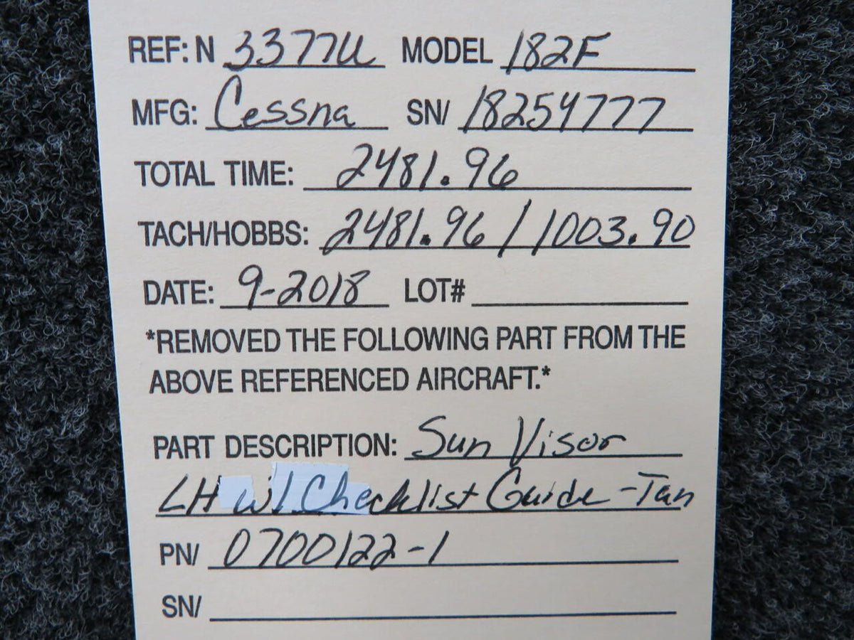0700122-1 Cessna 182F Sun Visor W/ Checklist Guide LH BAS Part Sales | Airplane Parts