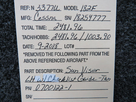 0700122-1 Cessna 182F Sun Visor W/ Checklist Guide LH BAS Part Sales | Airplane Parts