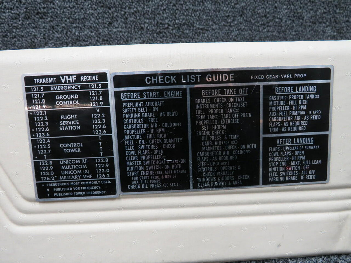 Cessna 0700122-1 Cessna 182F Sun Visor W/ Checklist Guide LH