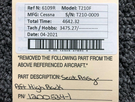 Cessna 1200534-1 Cessna T210F Seat Assembly AFT High Back
