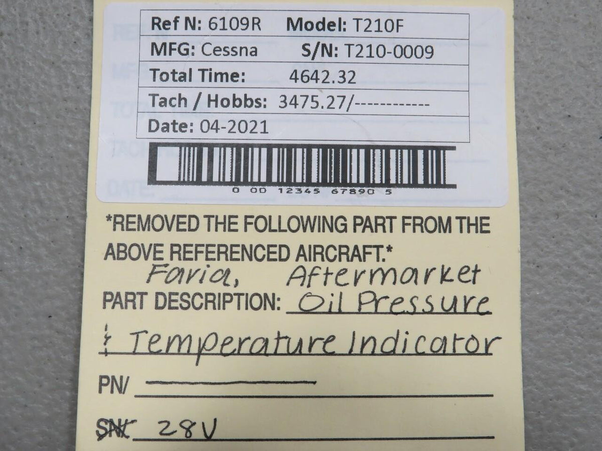 Faris Cessna T210F Faris Oil Pressure and Temperature Indicator Volts 28