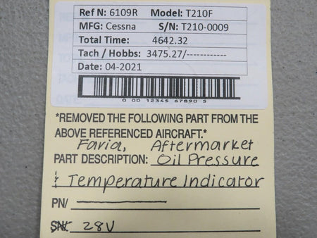 Faris Cessna T210F Faris Oil Pressure and Temperature Indicator Volts 28
