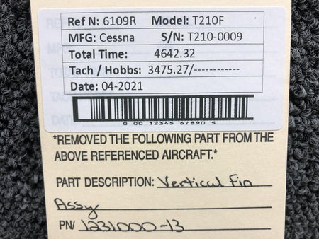 Cessna 1231000-13 Cessna T210F Vertical Fin Assembly