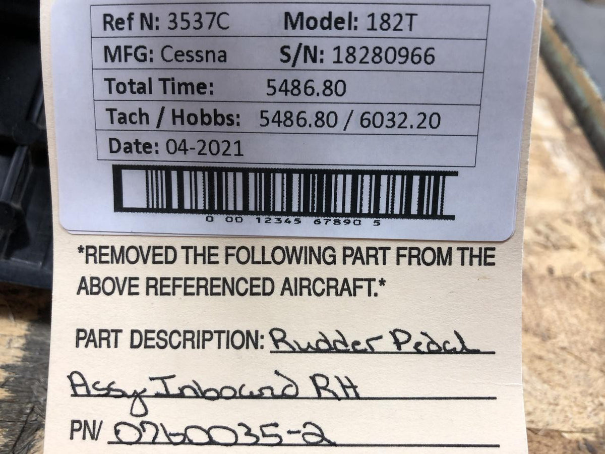 Cessna 0760035-2 Cessna 182T Rudder Pedal Assembly Inboard RH