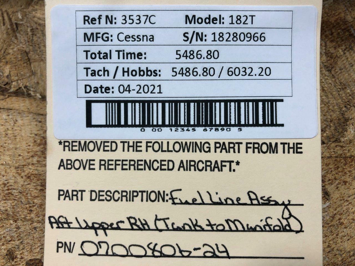 0700806-24 Cessna 182T Fuel Line Assy Aft Upper RH BAS Part Sales | Airplane Parts