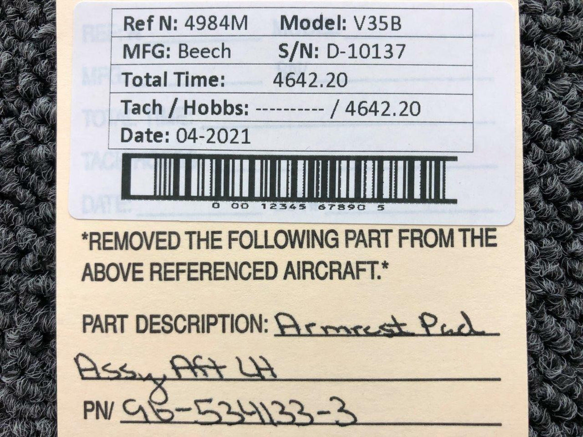Beechcraft 96-534133-3 Beech V35B Armrest Pad Assembly Aft LH