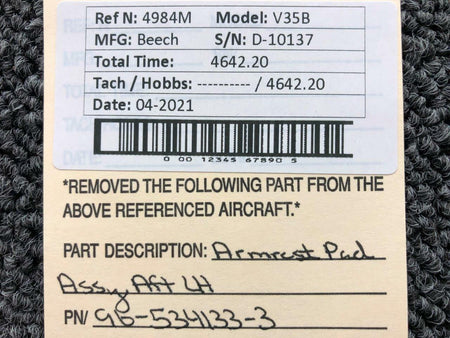 Beechcraft 96-534133-3 Beech V35B Armrest Pad Assembly Aft LH