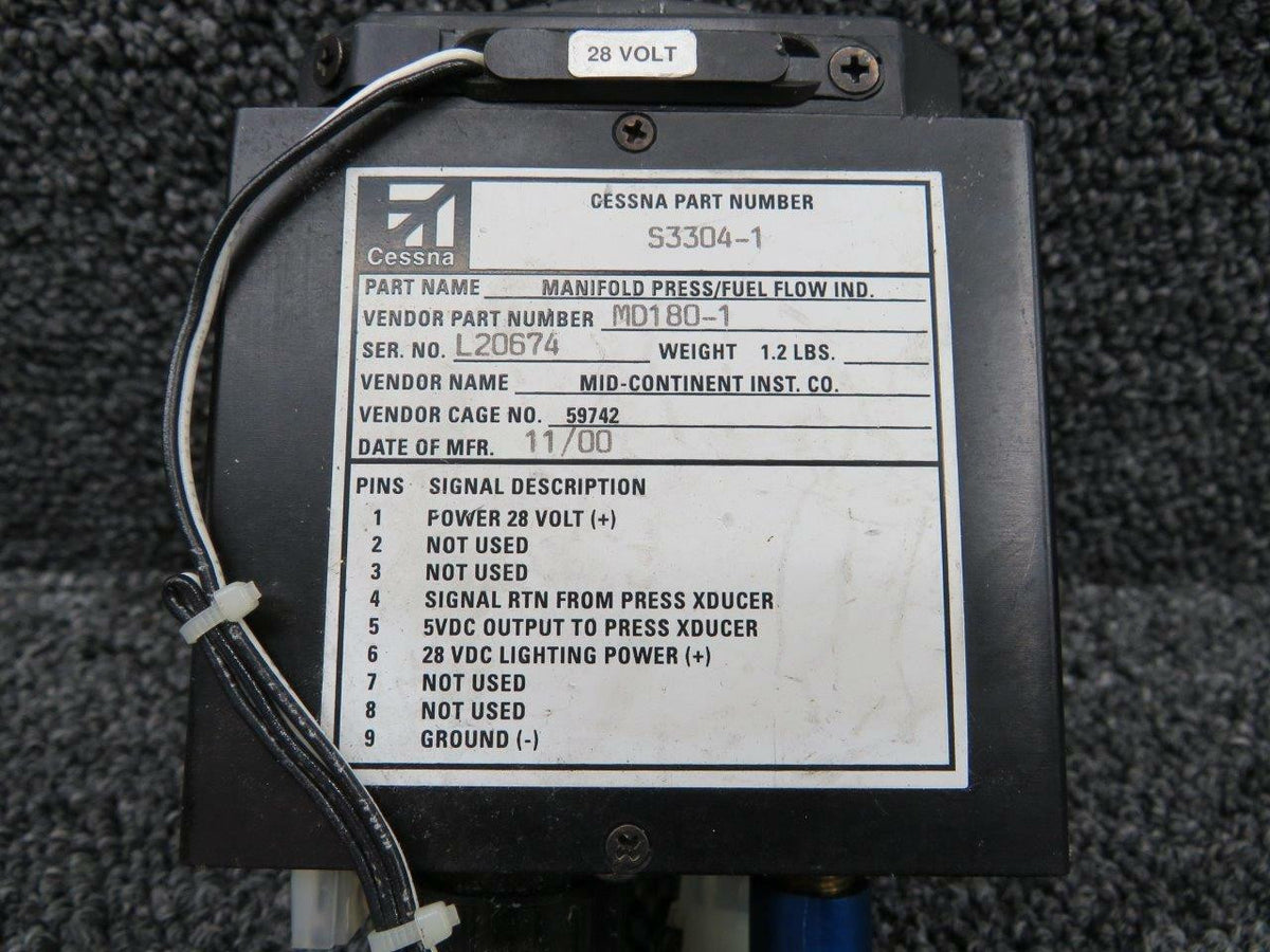 Mid-Continent MD180-1 USE S3304-1 Mid-Continent Manifold Pressure and Fuel Flow Indicator Volts 28