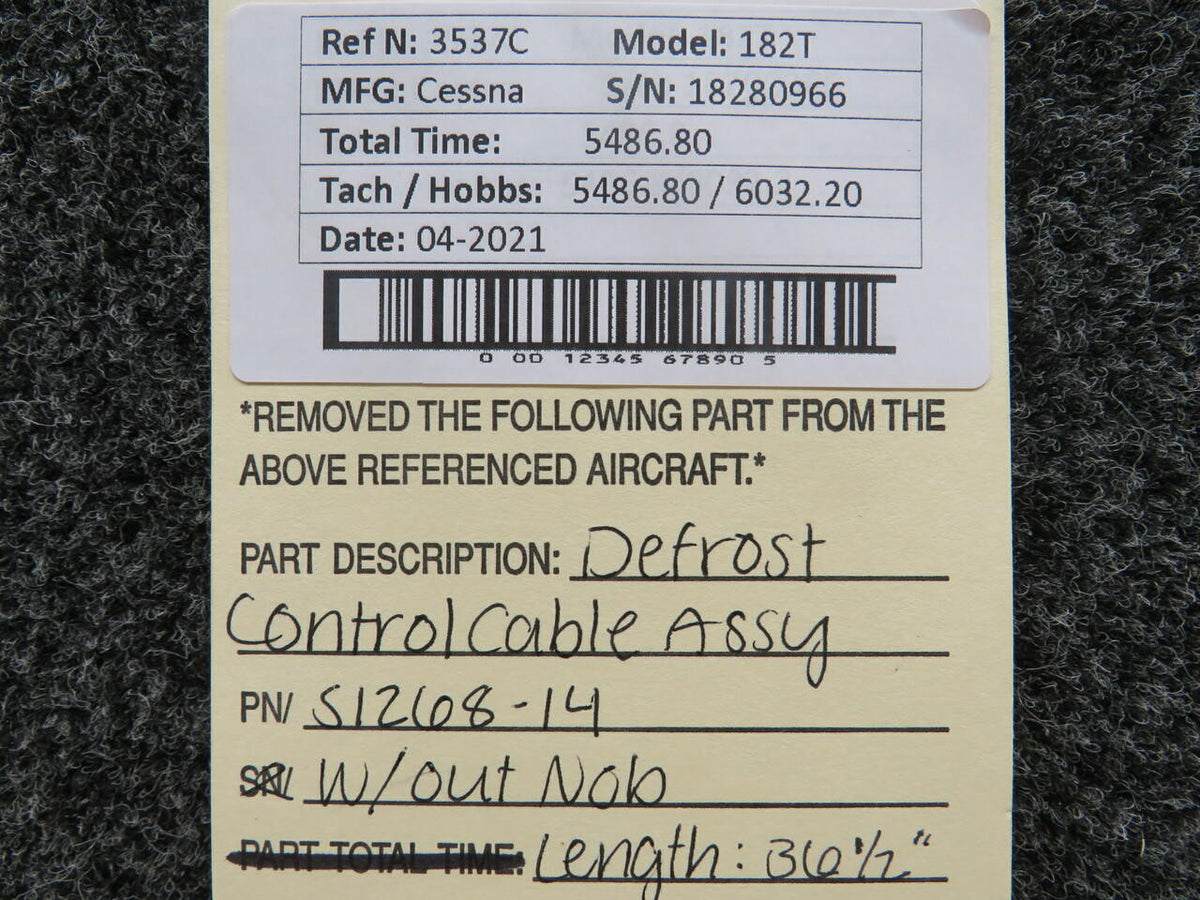 Cessna S1268-14 Cessna 182T Defrost Control Cable W/O Knob