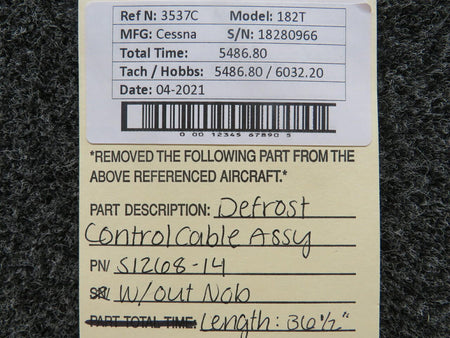 Cessna S1268-14 Cessna 182T Defrost Control Cable W/O Knob