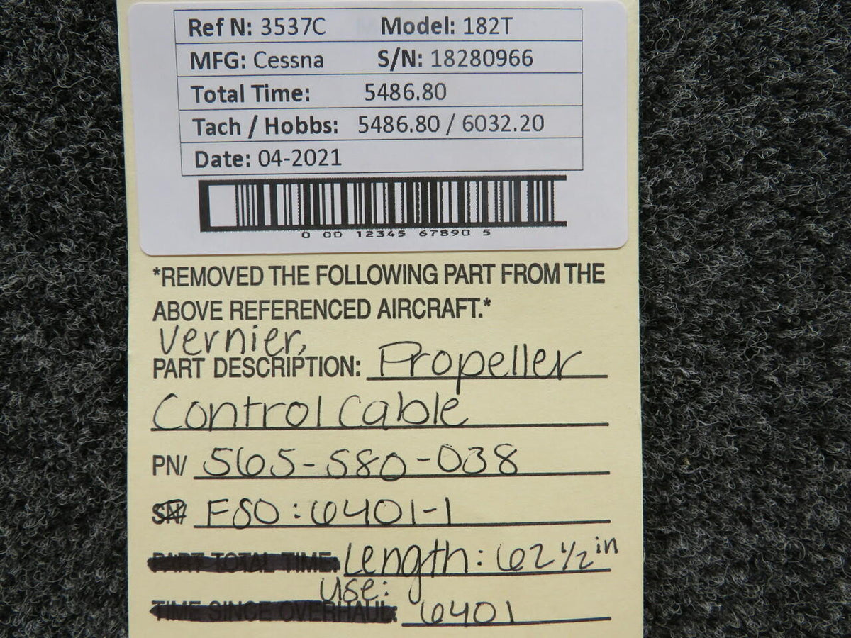 Vernier 565-580-038 USE 6401 Cessna 182T Vernier Propeller Control Cable Assembly