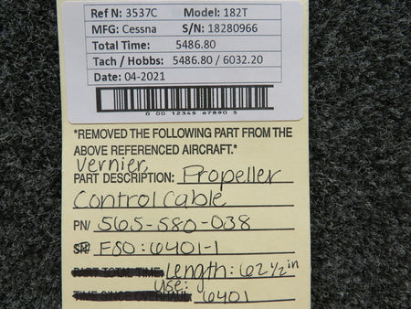 Vernier 565-580-038 USE 6401 Cessna 182T Vernier Propeller Control Cable Assembly
