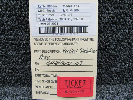 169-640000-107 Beechcraft A23 Vertical Stabilizer Assembly