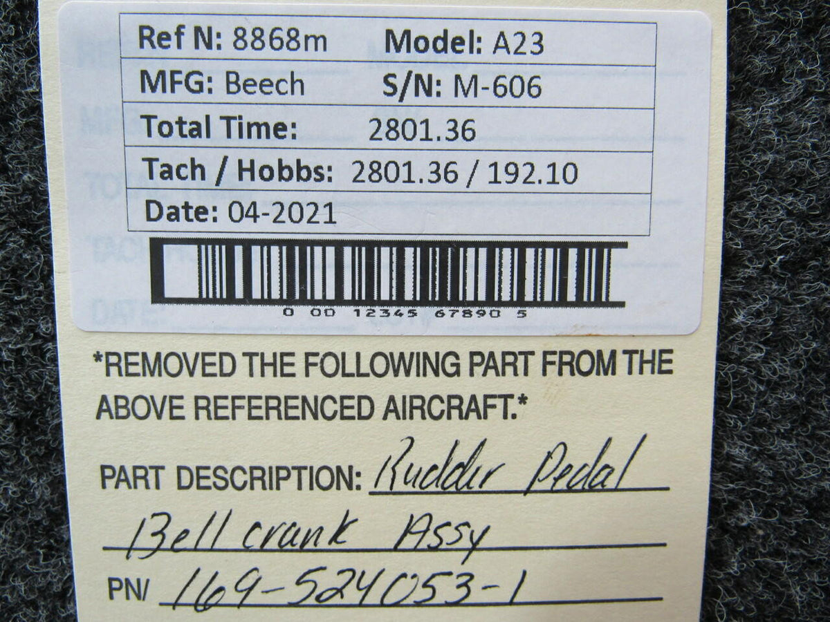 Beechcraft 169-524053-1 Beechcraft A23 Rudder Pedal Bellcrank Assembly