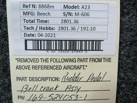 Beechcraft 169-524053-1 Beechcraft A23 Rudder Pedal Bellcrank Assembly