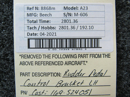 169-524051 Beechcraft A23 Rudder Pedal Control Bracket LH BAS Part Sales | Airplane Parts
