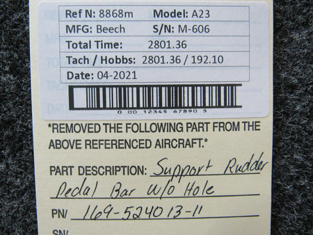 Beechcraft 169-524013-11 Beechcraft A23 Support Rudder Pedal Bar W/O Hole