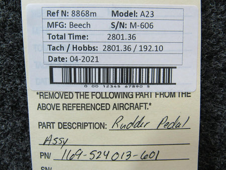 Beechcraft 169-524013-601 Beechcraft A23 Rudder Pedal Assembly