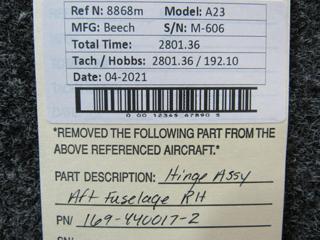 Beechcraft 169-440017-2 Beechcraft A23 Hinge Assembly Fuselage AFT RH