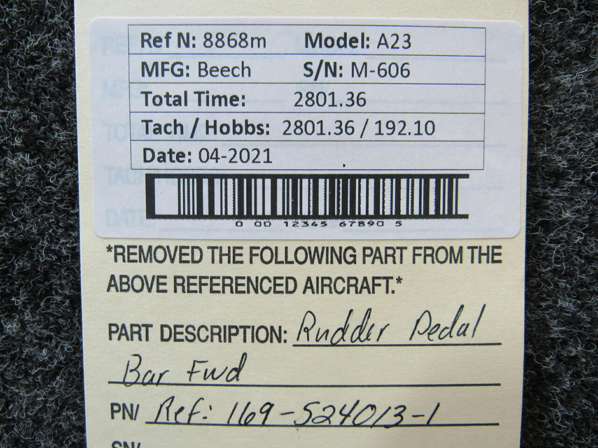 Beechcraft REF 169-524013-1 Beechcraft A23 Rudder Pedal Bar FORWARD