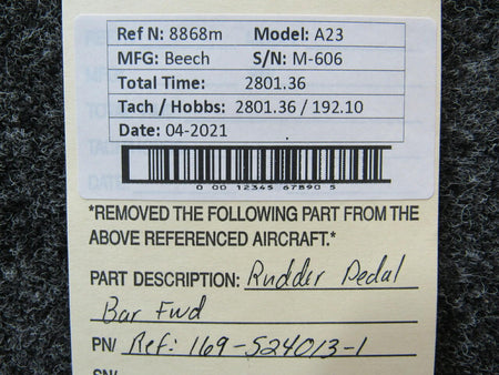 Beechcraft REF 169-524013-1 Beechcraft A23 Rudder Pedal Bar FORWARD