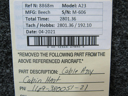 Beechcraft 169-380051-21 Beechcraft A23 Cabin Heat Cable Assembly Length 46.5