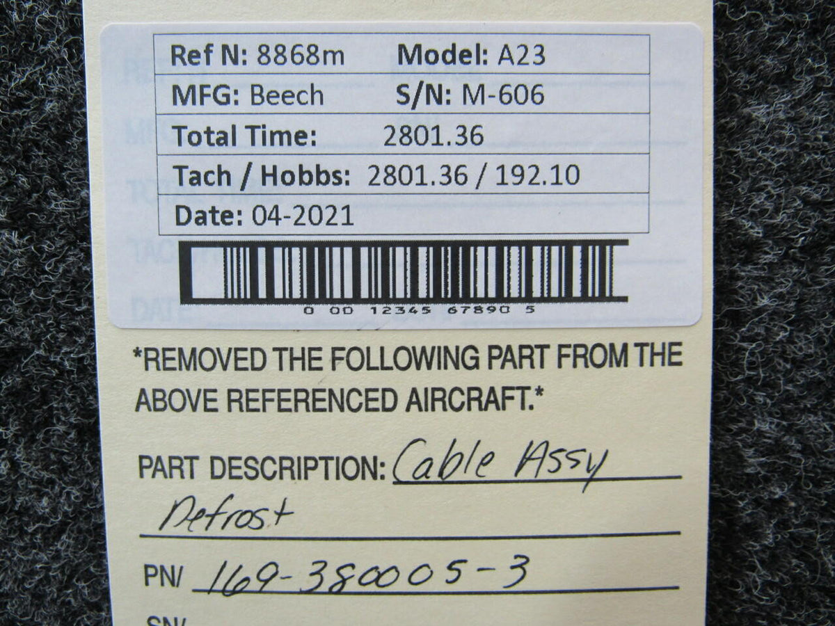 Beechcraft 169-380005-3 Beechcraft A23 Cable Assembly Defrost Length 41.25