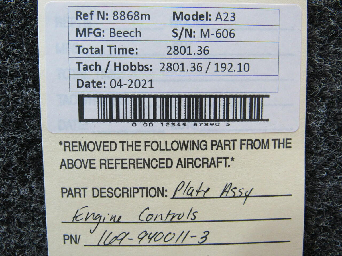 Beechcraft 169-940011-3 Beechcraft A23 Plate Assembly Engine Controls