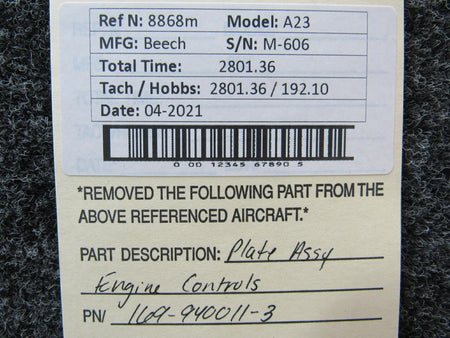 Beechcraft 169-940011-3 Beechcraft A23 Plate Assembly Engine Controls