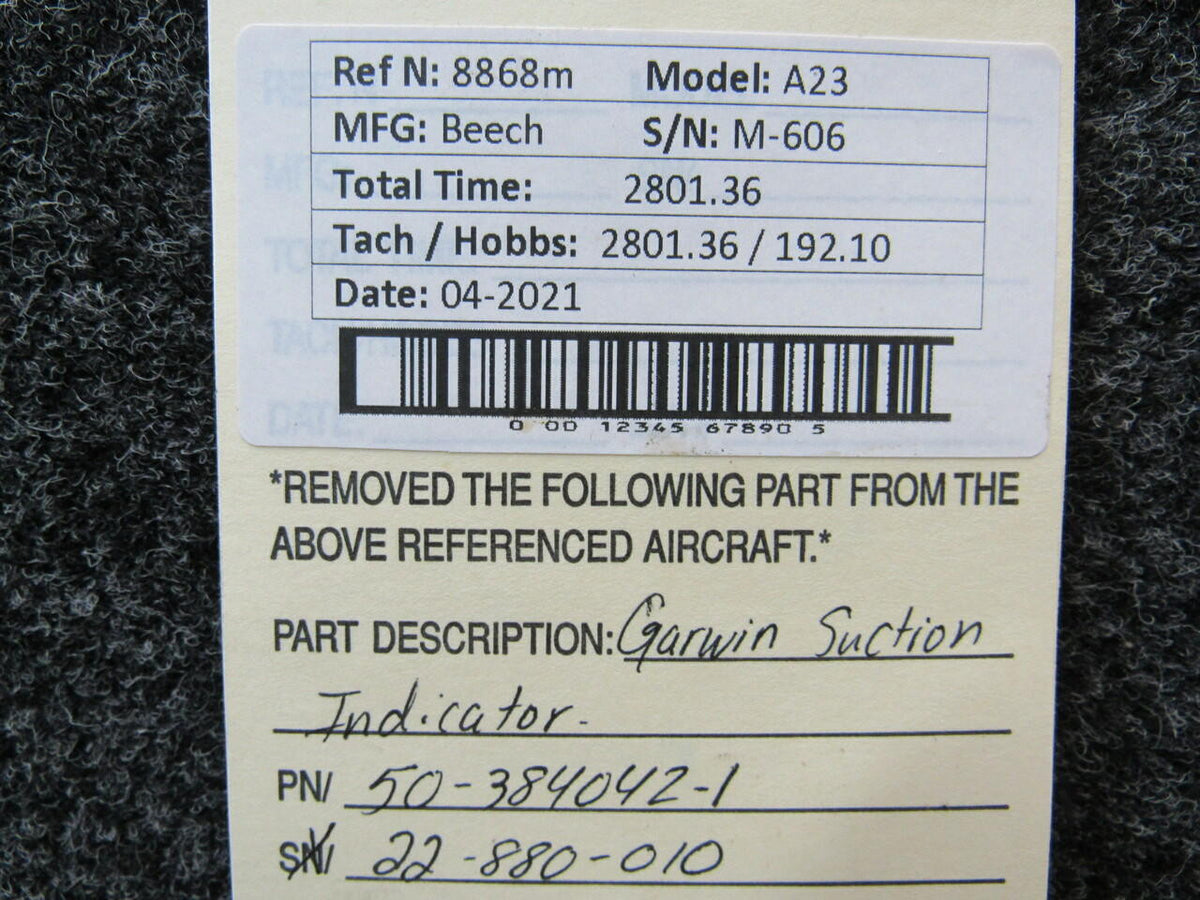 GARWIN 50-384042-1 USE 22-880-010 Beechcraft A23 Garwin Suction Indicator
