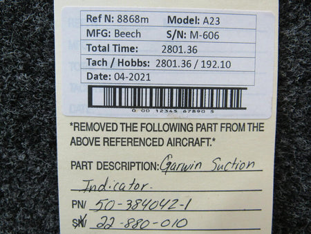 GARWIN 50-384042-1 USE 22-880-010 Beechcraft A23 Garwin Suction Indicator