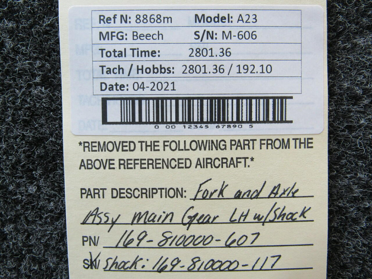 Beechcraft 169-810000-607 Beechcraft A23 Fork and Axle Assembly Main Gear W/ Shock LH