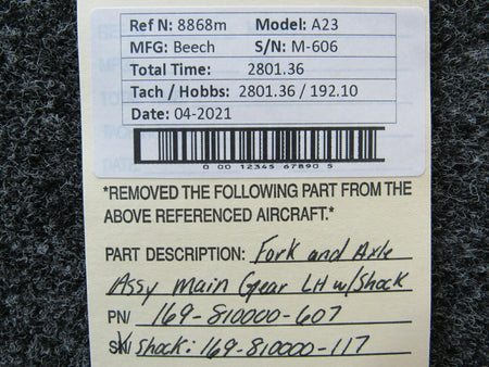 Beechcraft 169-810000-607 Beechcraft A23 Fork and Axle Assembly Main Gear W/ Shock LH