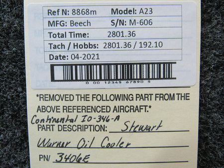 Stewart Warner 3406E Continental IO-346-A Stewart Warner Oil Cooler Assembly