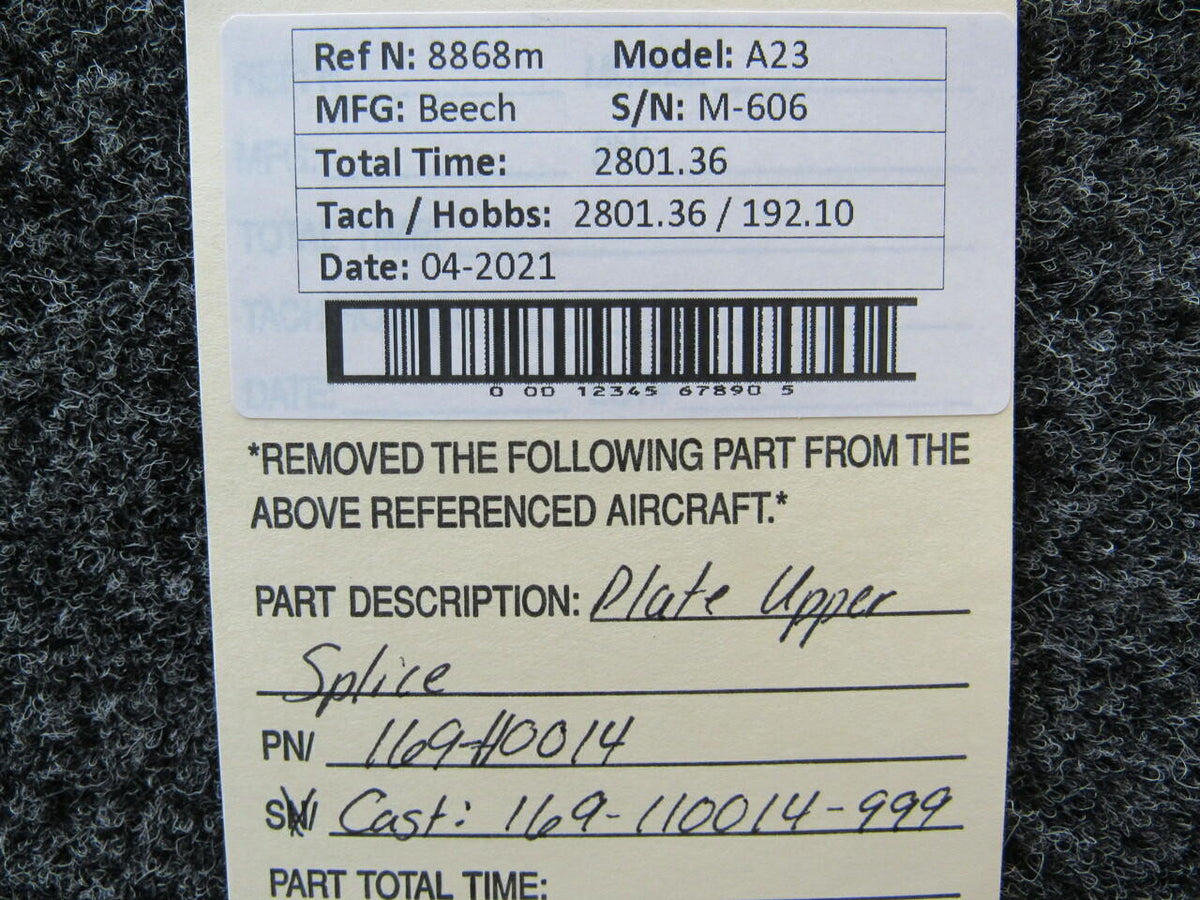 Beechcraft 169-110014 CAST 169-110014-999 Beechcraft A23 Plate Upper Splice