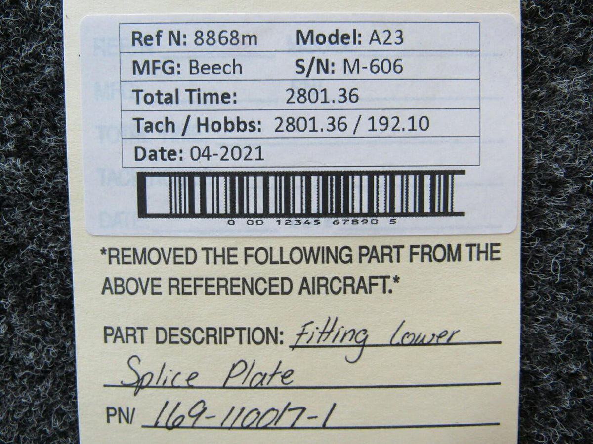 Beechcraft 169-110017-1 Beechcraft A23 Fitting Lower Splice Plate