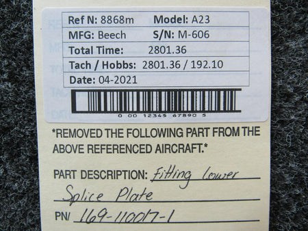 Beechcraft 169-110017-1 Beechcraft A23 Fitting Lower Splice Plate