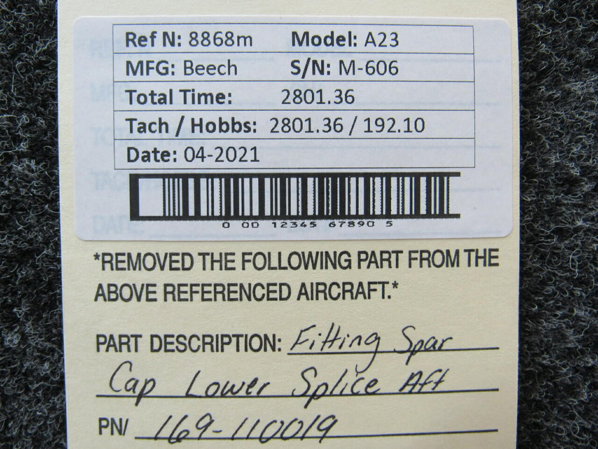 Beechcraft 169-110019 Beechcraft A23 Fitting Spar Cap Lower Splice AFT