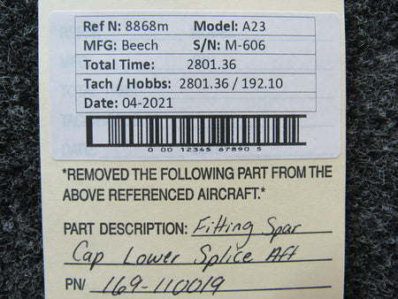 Beechcraft 169-110019 Beechcraft A23 Fitting Spar Cap Lower Splice AFT