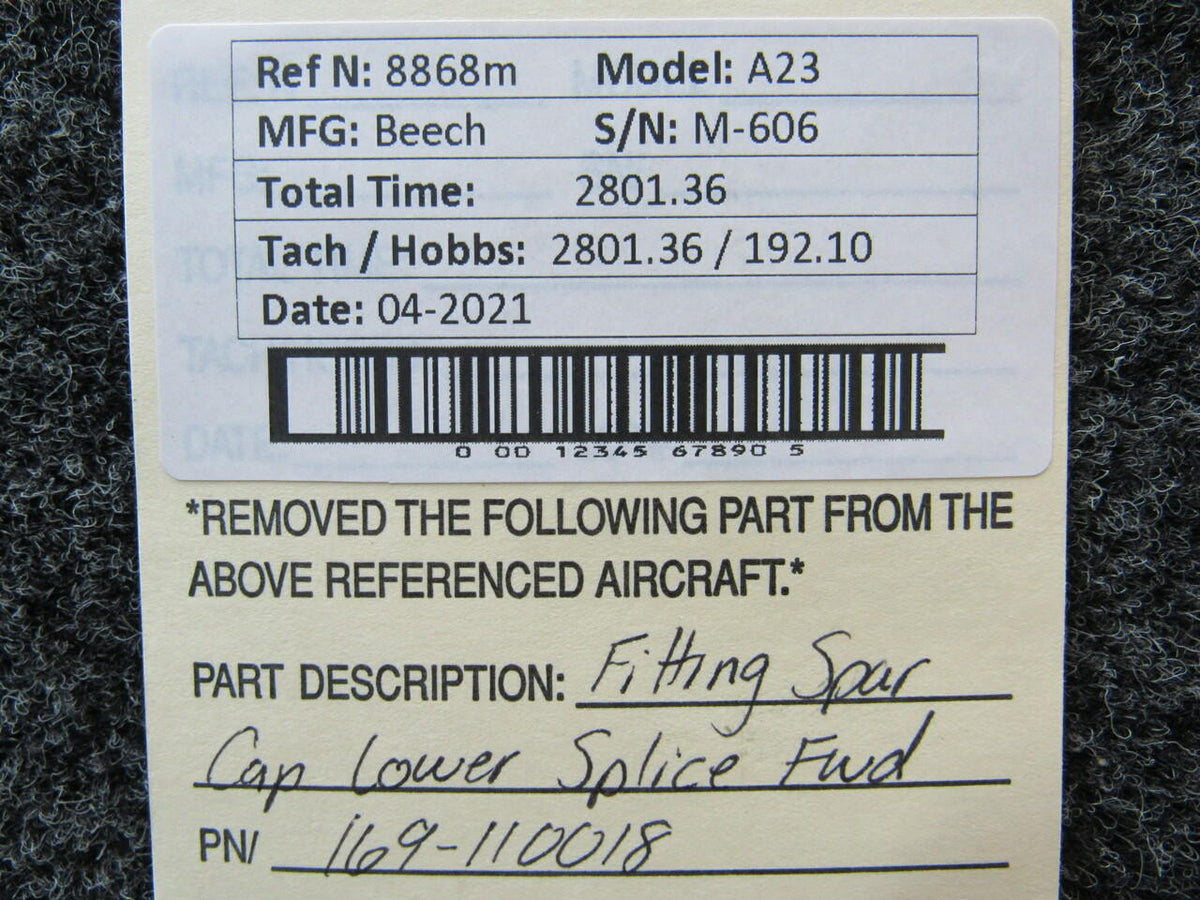 Beechcraft 169-110018 Beechcraft A23 Fitting Spar Cap Lower Splice FORWARD