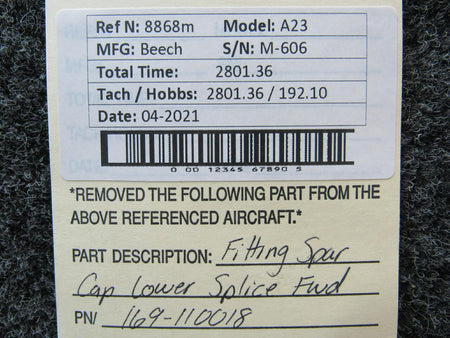 Beechcraft 169-110018 Beechcraft A23 Fitting Spar Cap Lower Splice FORWARD