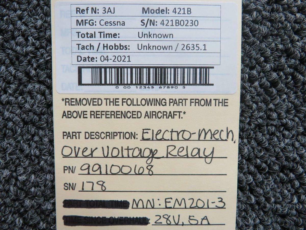 Electro-Mech 9910068 M/N EM201-3 Cessna 421B Electro-Mech Over Voltage Relay V 28