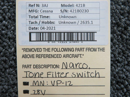 Narco VP-12 Cessna 421B Narco Tone Filter Switch V 28