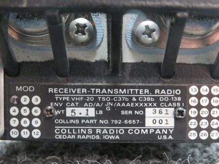 Collins Radio 792-6657-001 M/N VHF-20 Cessna 421B Collins Radio Receiver Transmitter V 28
