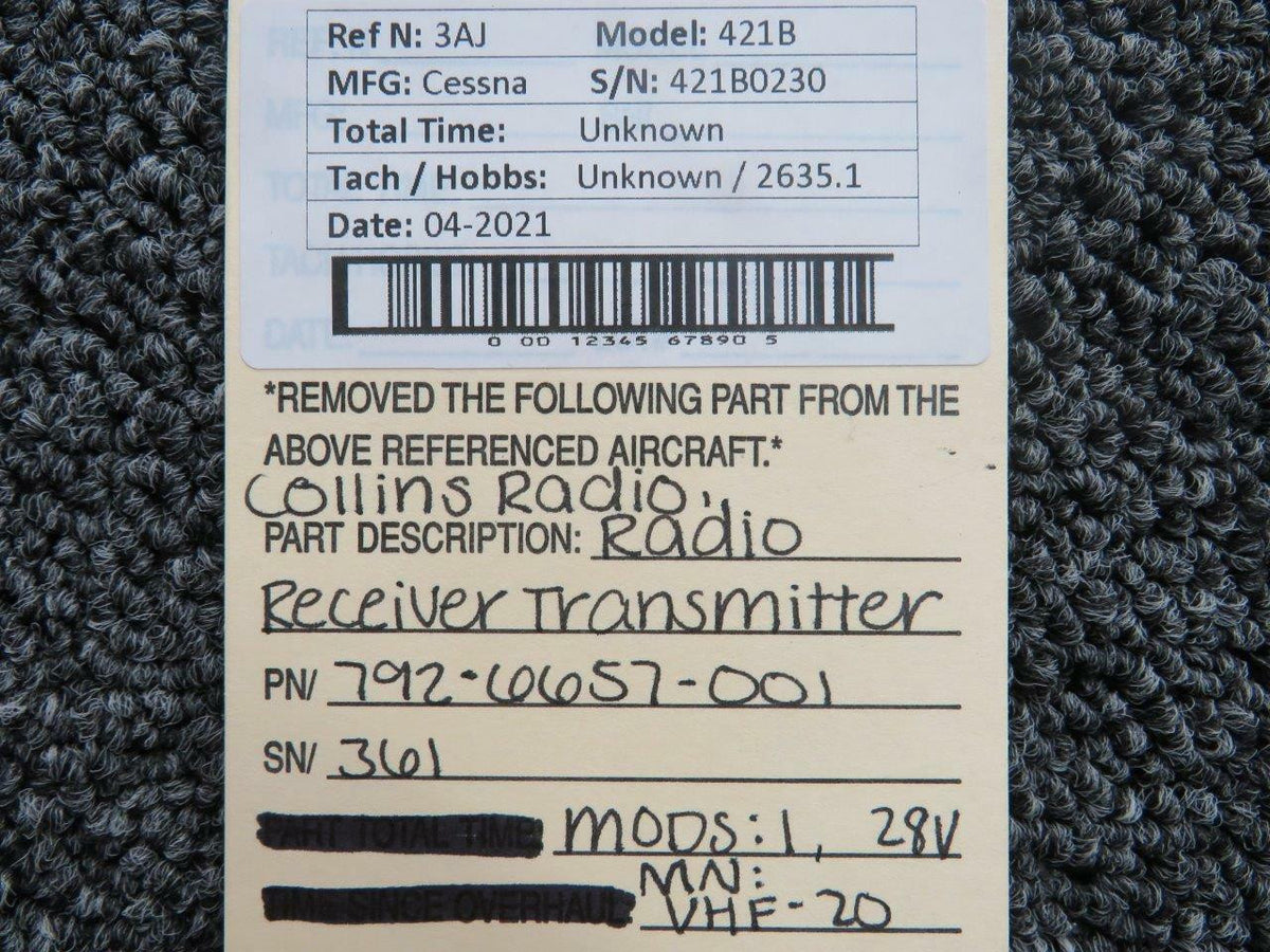 Collins Radio 792-6657-001 M/N VHF-20 Cessna 421B Collins Radio Receiver Transmitter V 28