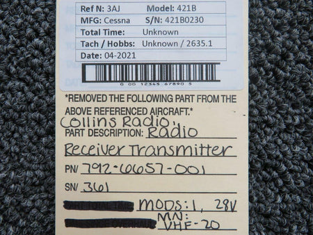 Collins Radio 792-6657-001 M/N VHF-20 Cessna 421B Collins Radio Receiver Transmitter V 28