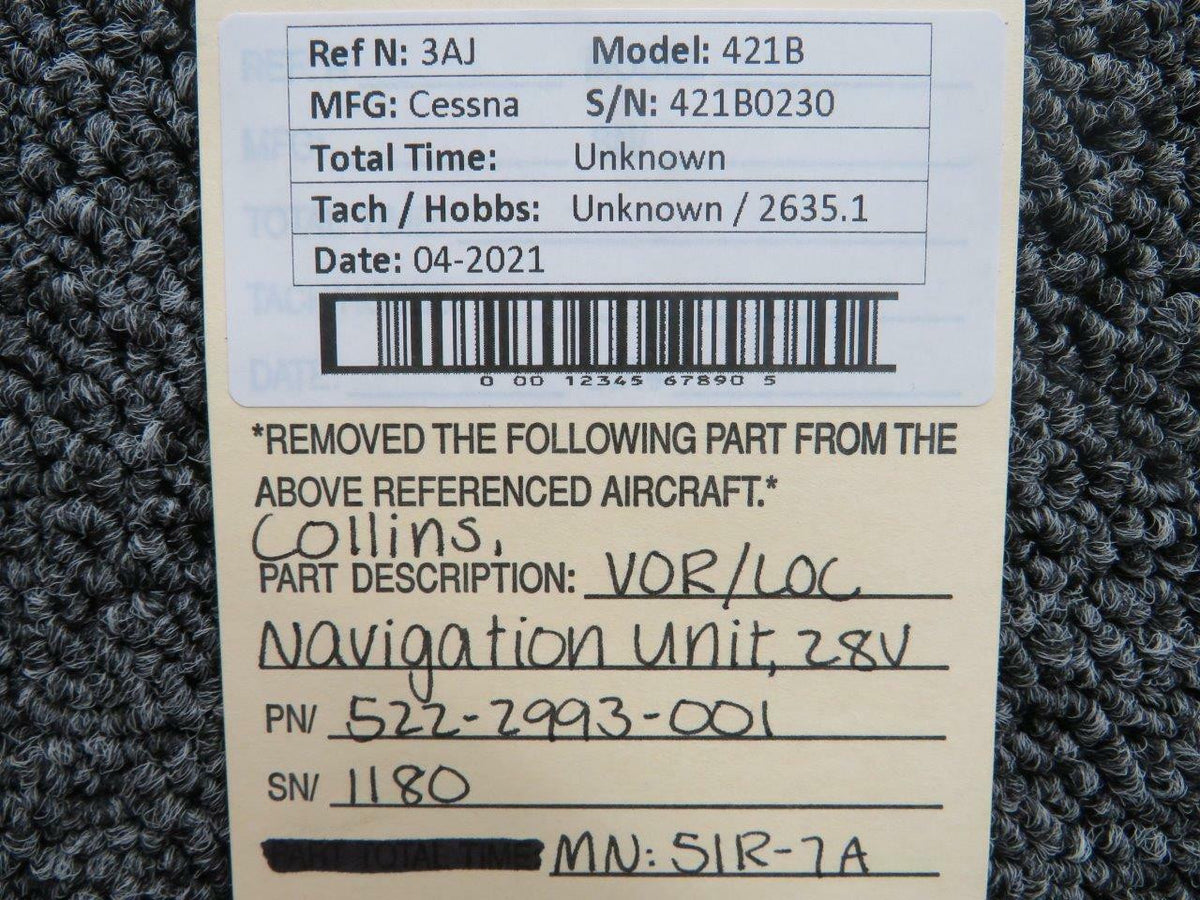 Collins 522-2993-001 M/N 51R-7A Cessna 421B Collins VOR / LOC Navigational Unit V 28