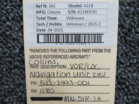 Collins 522-2993-001 M/N 51R-7A Cessna 421B Collins VOR / LOC Navigational Unit V 28