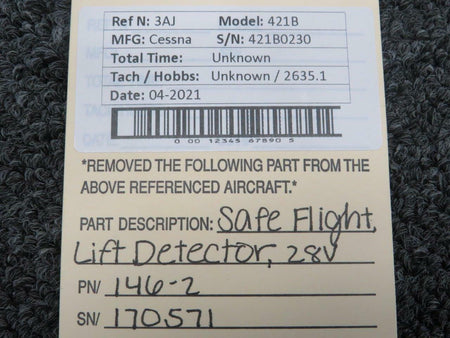 146-2 Cessna 421B Safe Flight Lift Detector Assembly (28V) BAS Part Sales | Airplane Parts