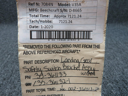 Beech 35-361133 / 35-361121-1 Beech V35A Landing Gear Safety Switch Bracket Assembly W/ Arm